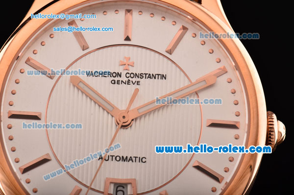 Vacheron Constantin Patrimony Swiss ETA 2836 Automatic Rose Gold Case Brown Leather Strap with White Dial Stick Markers - Click Image to Close
